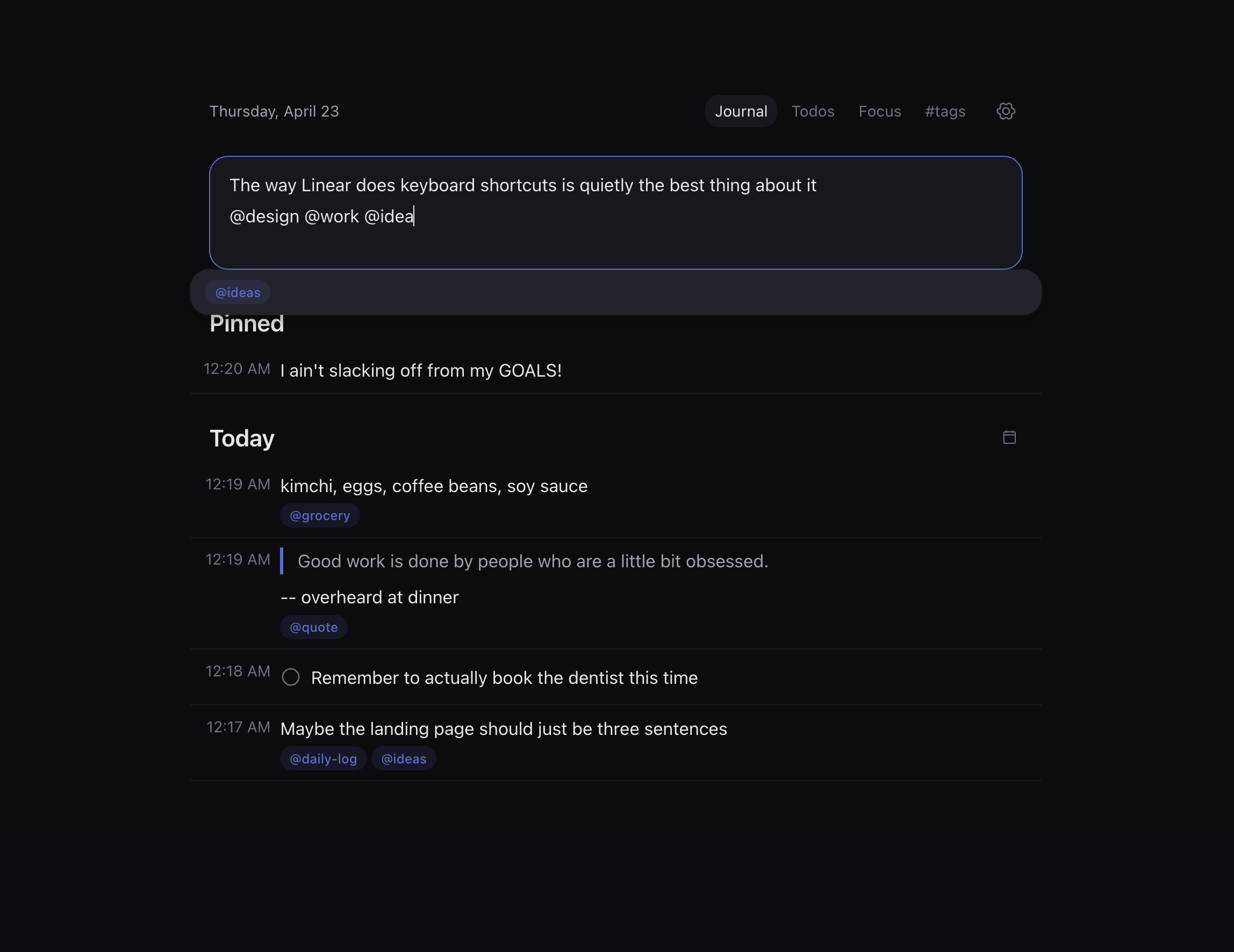 Daily Log as a Chrome new tab — typing an idea with @tag autocomplete, entries below