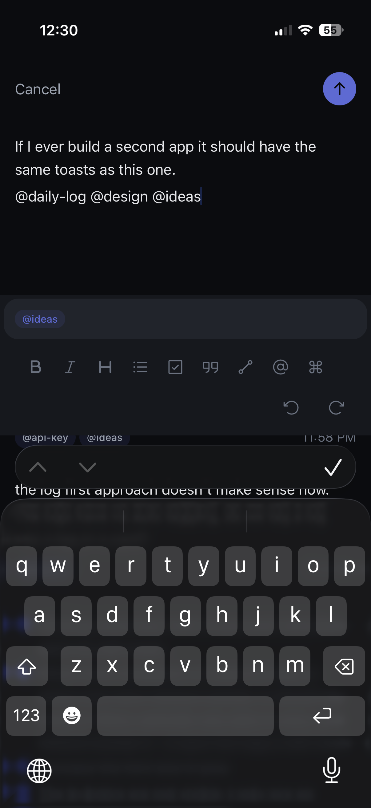 Daily Log mobile editor mid-typing, with formatting toolbar and @tag autocomplete