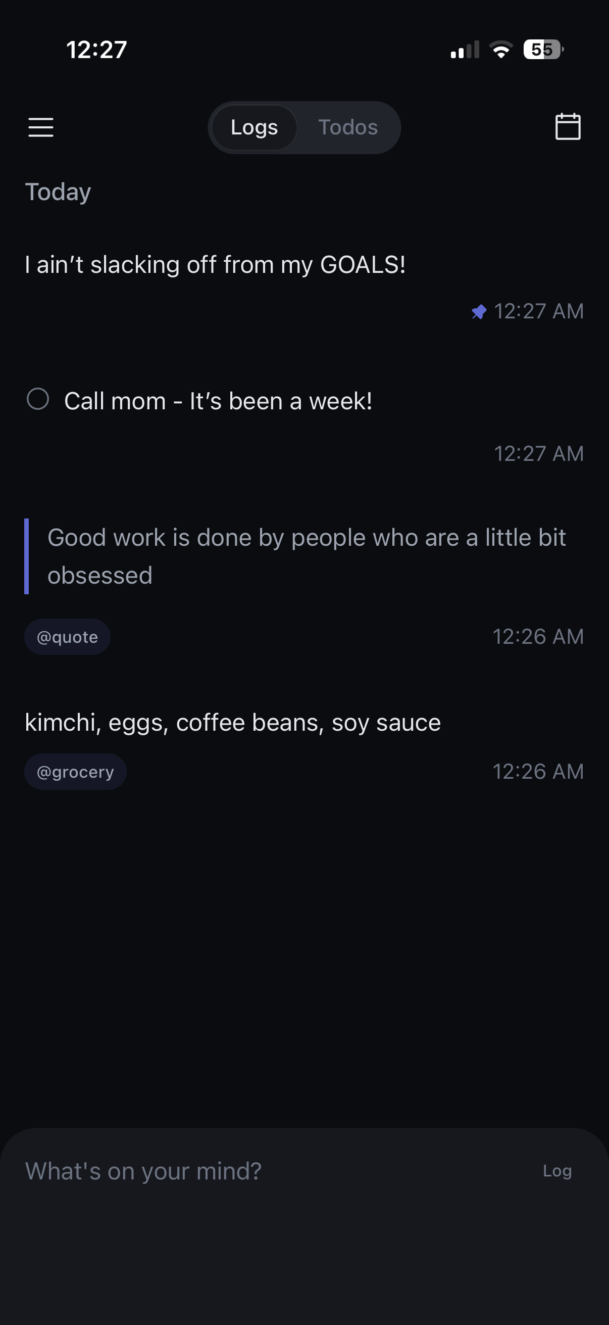Daily Log on iPhone — journal view with pinned note, a todo, a quote, a grocery list