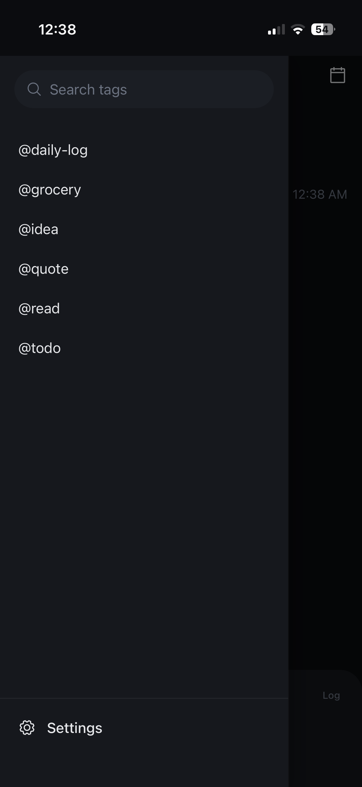 Tag drawer on mobile showing @daily-log, @grocery, @idea, @quote, @read, @todo